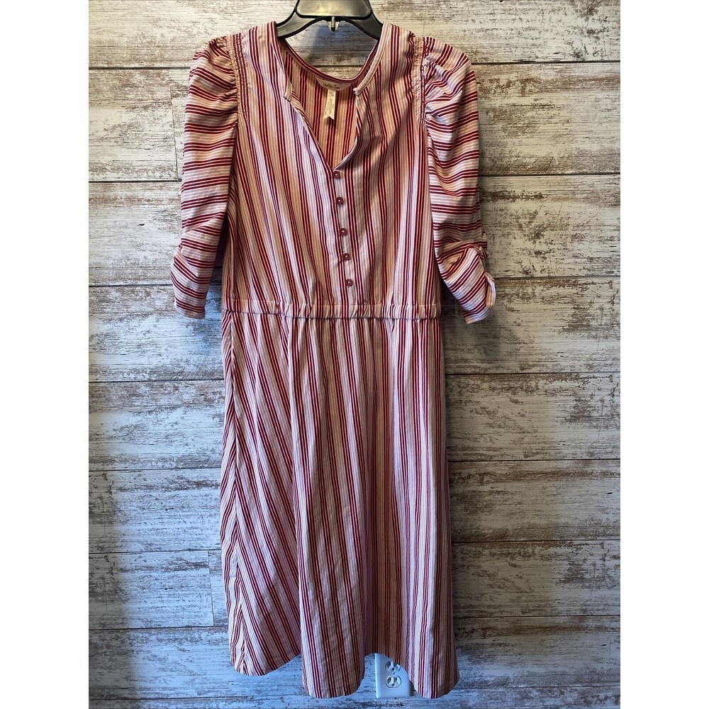 Matilda Jane Women's Sz. M Red Pink McIntosh Striped Puff Sleeve Midi Dress